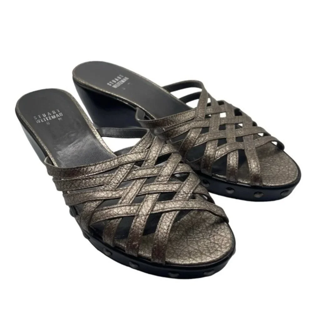 Stuart Weitzman Sandals Women's 8 US Metallic Gold Brown Leather Studded Vintage